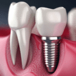 Jaw with gums and teeth and dental implant screws. Dental implant process