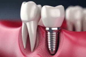 Jaw with gums and teeth and dental implant screws. Dental implant process