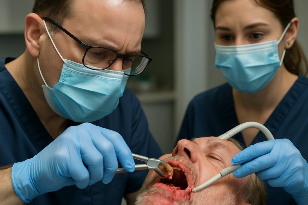 Image of a dentist in Troy, MI, carefully extracting a molar from a patient with advanced gum disease, utilizing modern dental instruments. The dentist is wearing a mask and gloves, with a dental assistant nearby. No text on the image.