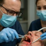 Image of a dentist in Troy, MI, carefully extracting a molar from a patient with advanced gum disease, utilizing modern dental instruments. The dentist is wearing a mask and gloves, with a dental assistant nearby. No text on the image.