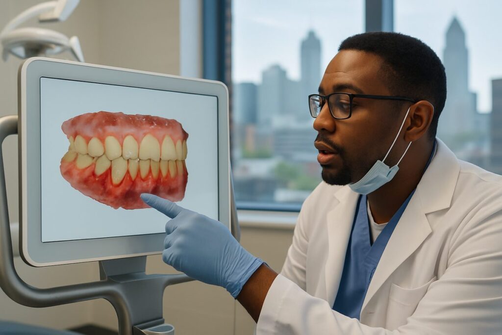 Photo of a dentist in Detroit, Michigan, pointing to a 3D scan of a patient's mouth, highlighting areas affected by gum disease. The image emphasizes the use of advanced technology in diagnosing and treating gum disease. No text on the image.