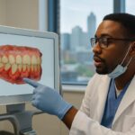Photo of a dentist in Detroit, Michigan, pointing to a 3D scan of a patient's mouth, highlighting areas affected by gum disease. The image emphasizes the use of advanced technology in diagnosing and treating gum disease. No text on the image.