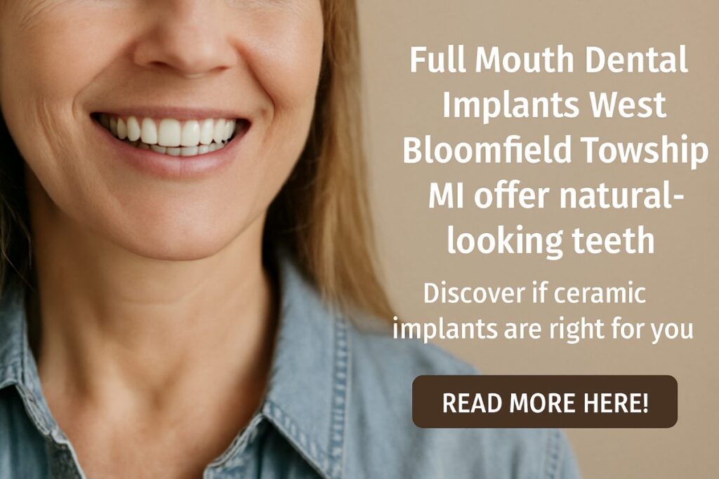 A dentist is speaking with a patient about full mouth dental implants, gesturing to a digital scan of the patient's mouth. The text on the image says "Full Mouth Dental Implants: Are They Right For You?"
