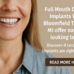 A dentist is speaking with a patient about full mouth dental implants, gesturing to a digital scan of the patient's mouth. The text on the image says "Full Mouth Dental Implants: Are They Right For You?"