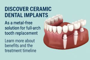 Image of a dentist smiling while consulting with a patient about full arch dental implants. The dentist is pointing to a digital scan of the patients mouth, showing where the implants would be placed. No text on image.