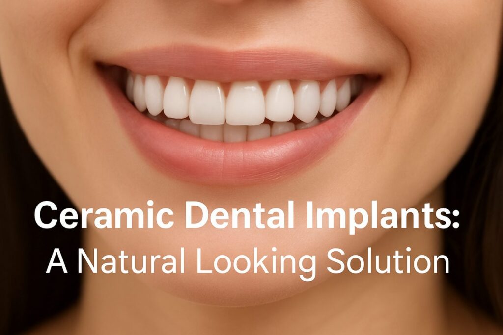 A beautiful smile with metal free ceramic dental implants in a mouth. The text on the image says "Ceramic Dental Implants: A Natural Looking Solution"
