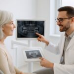 A serene, metal-free dental office environment. A dentist is consults with a mature patient about full arch dental implants, while pointing to a digital scan of the patients mouth. No text on image.