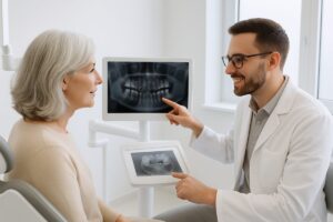 A serene, metal-free dental office environment. A dentist is consults with a mature patient about full arch dental implants, while pointing to a digital scan of the patients mouth. No text on image.
