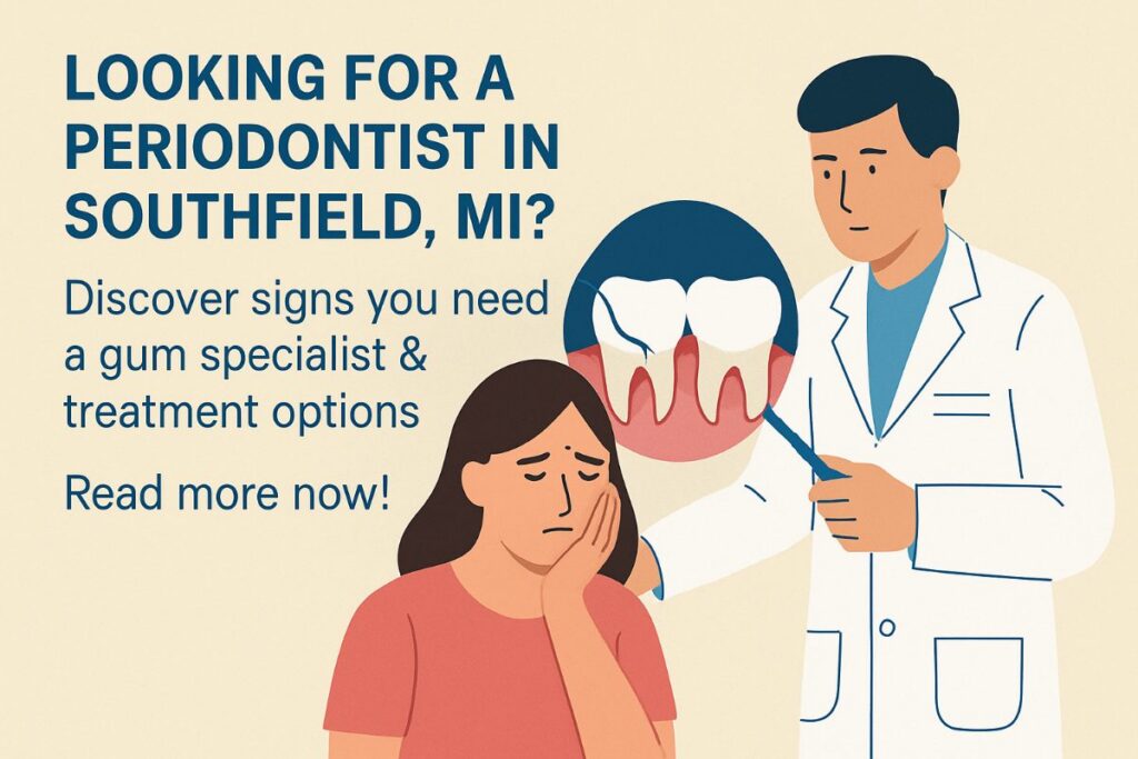 An image of a periodontist in Southfield, MI, gently examining a patient's gums with advanced tools, showcasing a modern, comfortable dental office environment. No text on the image.