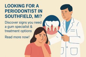 An image of a periodontist in Southfield, MI, gently examining a patient's gums with advanced tools, showcasing a modern, comfortable dental office environment. No text on the image.