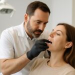 Periodontist examining patient's gums in a modern dental office setting