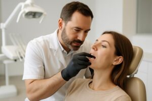 Periodontist examining patient's gums in a modern dental office setting