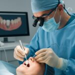 A dentist is performing a teeth operation on a patient, utilizing modern technology. The dentist is wearing surgical attire and using precise instruments, with a focus on ceramic dental implants. No text on image.