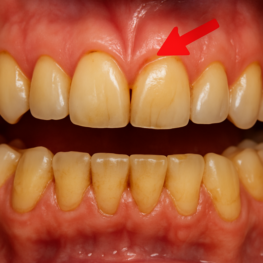 A close-up image showing receding gums on a patient with unhealthy teeth, with an arrow pointing to the area of recession. No text on the image.
