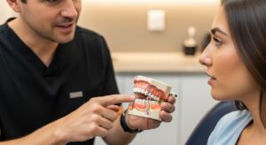 Periodontist consulting with a patient about gum grafts in a dental office.